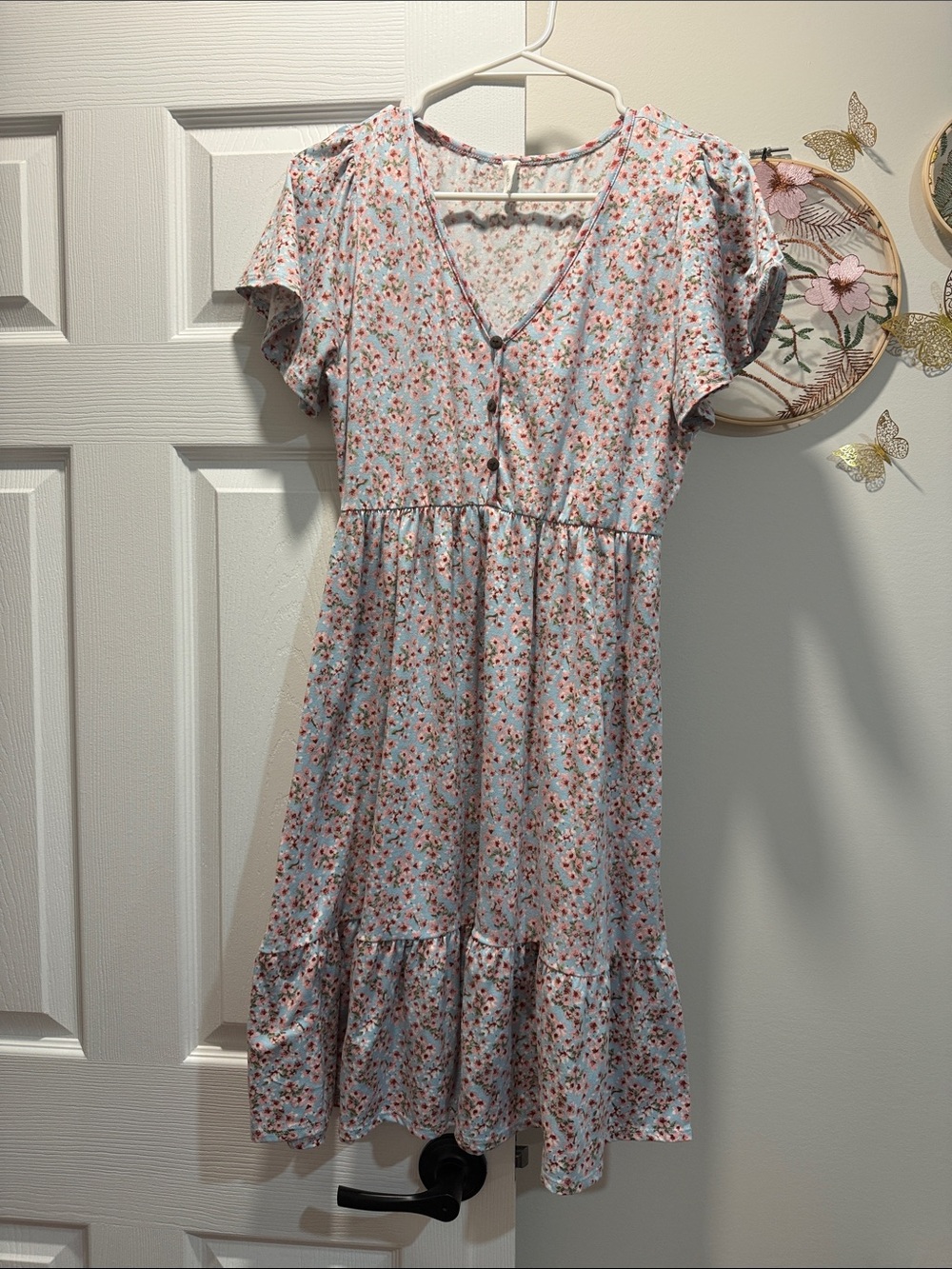 MaternityFloral V-Neck Button Front Summer Dress - Pastel Blue with Pink Flowers